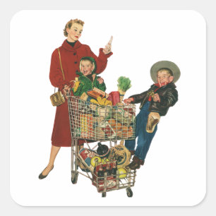 Retro familie, moeder en kinderen boodschappenwage vierkante sticker