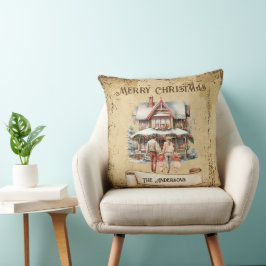 Retro Familie Nieuw Huis Vrolijk Kerstfeest Kussen