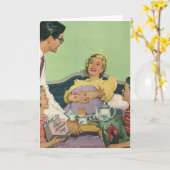 Retro familie serveert mam ontbijt op bed kaart (Gele Bloem)