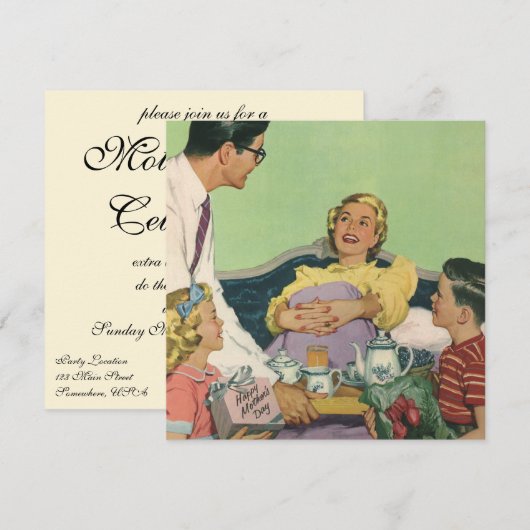 Retro familie serveert mam ontbijt op bed kaart (Voorkant / Achterkant)