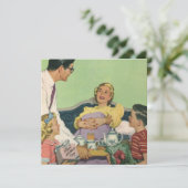 Retro familie serveert mam ontbijt op bed kaart (Staand voorkant)