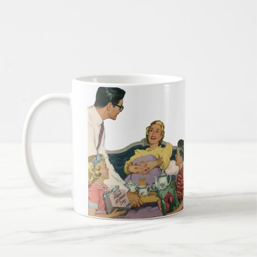 Retro familie serveert mam ontbijt op bed koffiemok (Links)