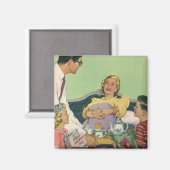 Retro familie serveert mam ontbijt op bed magneet (Voorkant / Achterkant)