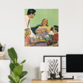 Retro familie serveert mam ontbijt op bed poster (Thuiskantoor)