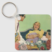 Retro familie serveert mam ontbijt op bed sleutelhanger (Voorkant)