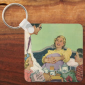 Retro familie serveert mam ontbijt op bed sleutelhanger (Voorkant)