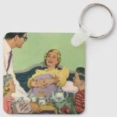 Retro familie serveert mam ontbijt op bed sleutelhanger (Achterkant)
