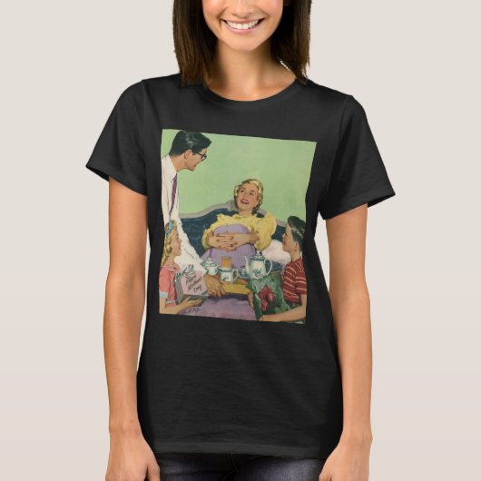 Retro familie serveert mam ontbijt op bed t-shirt (Voorkant)