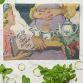 Retro familie serveert mam ontbijt op bed theedoek (Gevouwen)