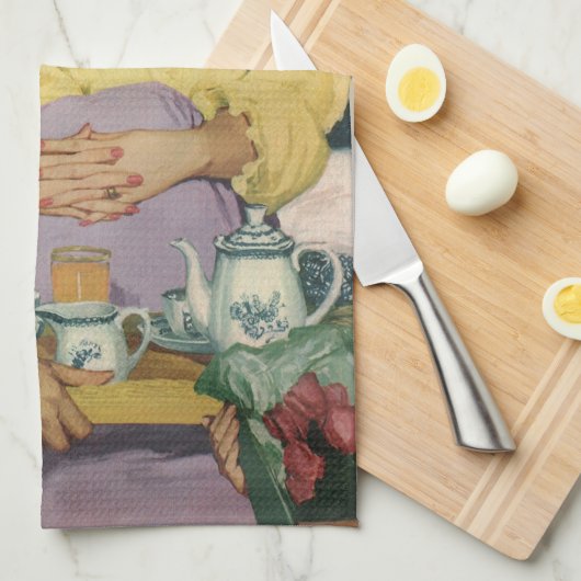 Retro familie serveert mam ontbijt op bed theedoek (Quarter Fold)