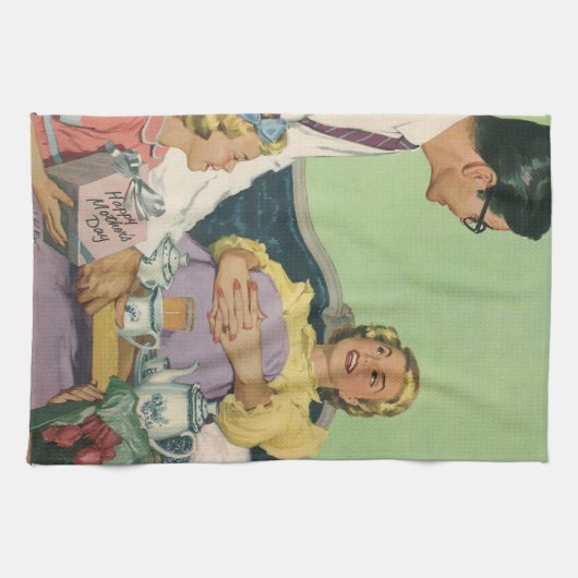 Retro familie serveert mam ontbijt op bed theedoek (Horizontaal)