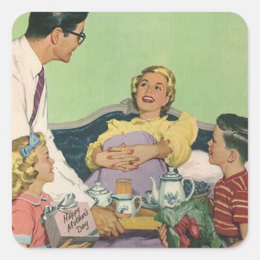 Retro familie serveert mam ontbijt op bed vierkante sticker (Voorkant)