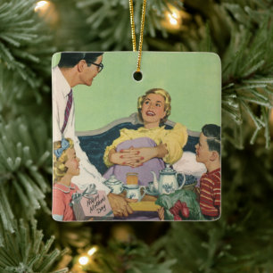Retro familie serveert mama ontbijt op bed keramisch ornament