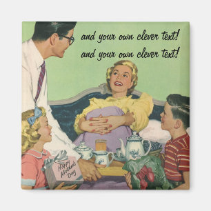 Retro familie serveert mama ontbijt op bed magneet