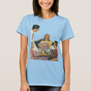 Retro familie serveert moeder ontbijt op bed t-shirt