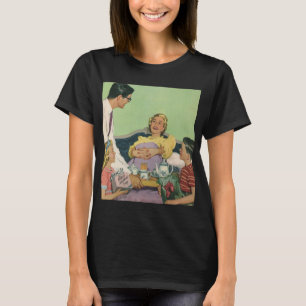 Retro familie serveert moeder ontbijt op bed t-shirt