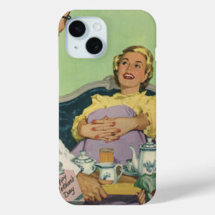 Retro Familie Siert Moeder met Ontbijt op Bed iPhone 15 Case