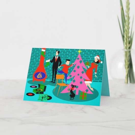 Retro Familie Trimmen van de Kerstboom Kaart (Voorkant)