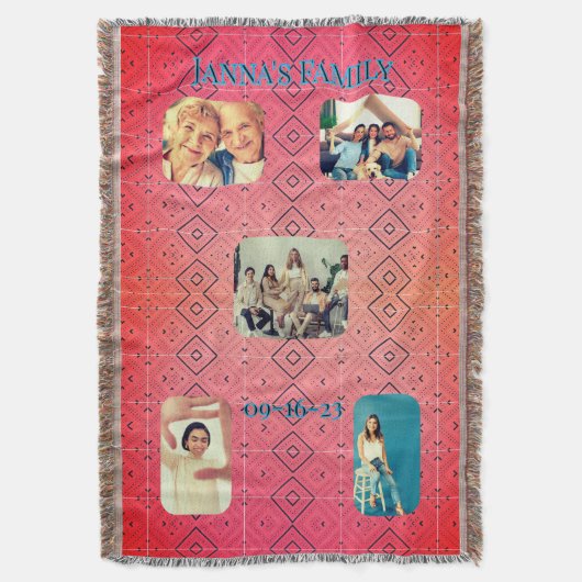 Retro familiefoto rood diamantpatroon deken (Voorkant Verticaal)