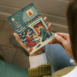 Retro familiekerst bij de open haard feestdagenkaart