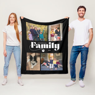 Retro Family 4 Foto Collage Black Background Fleece Deken