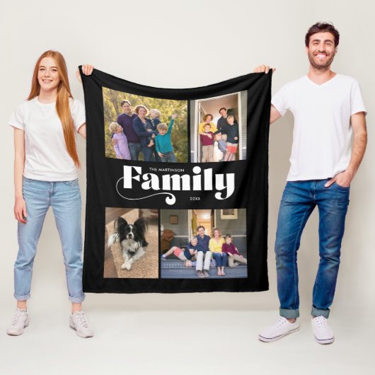 Retro Family 4 Foto Collage Black Background Fleece Deken (In situ)