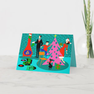 Retro Family die de kerstboomkaart in orde maakt Feestdagen Kaart