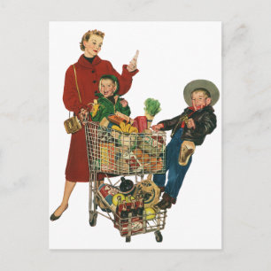 Retro Family, Mam en Kinderen, Cart Grocery Shoppi Briefkaart