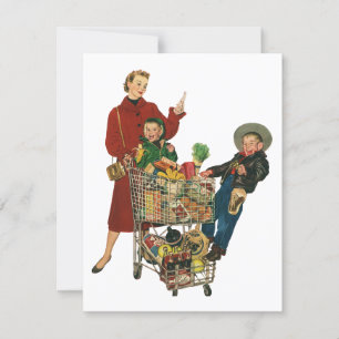 Retro Family, mam Kinder Grocery Shopping Invitati Kaart
