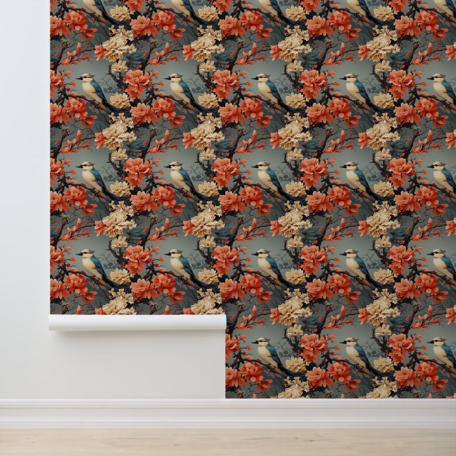 Retro  Fantasy Kingfisher in Boheemse Boom Behang (Applicatie)