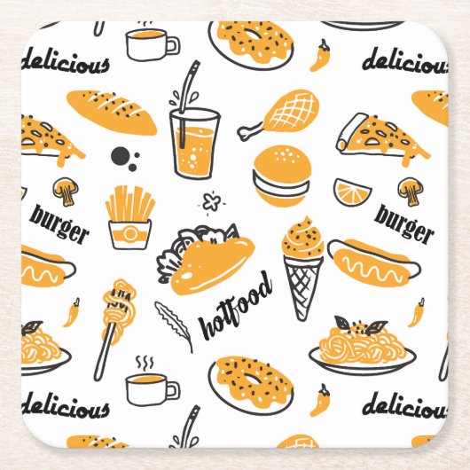 Retro Fast Food Hand Drawn Sketch Pattern Kartonnen Onderzetters (Voorkant)