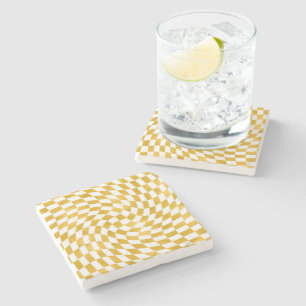 Retro Faux Gold Foil Checker Warped Checkerboard Stenen Onderzetter