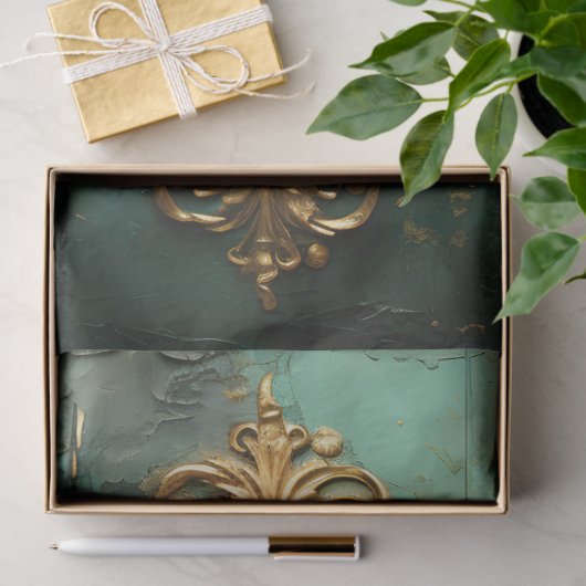 Retro faux gouden klokken turquoise achtergrond tissuepapier (Geschenk)