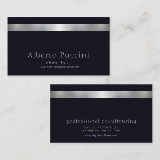 Retro Faux Silver Stripe Minimalist Chauffeur Visitekaartje (Voorkant / Achterkant)