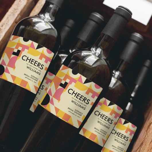 Retro Feest Roze Oranje Geel Bruiloft Bridal Showe Wijn Etiket