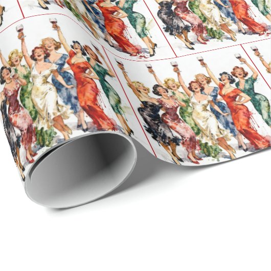 Retro Feestdames met Rode Wijn Cadeaupapier (Rol Hoek)