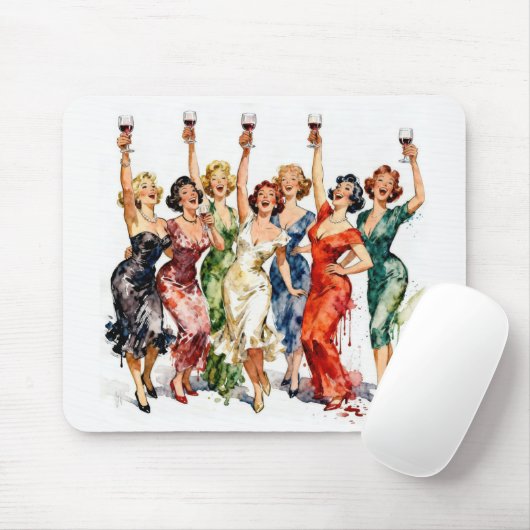 Retro feestdames met rode wijn muismat (Met muis)