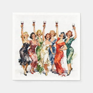 Retro Feestdames met Rode Wijn Servet
