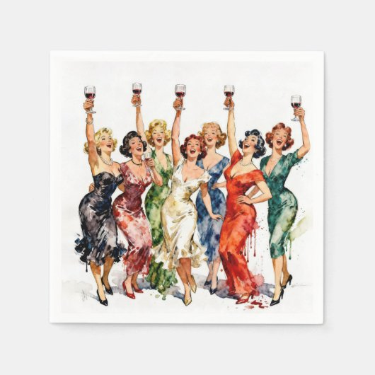Retro Feestdames met Rode Wijn Servet (Voorkant)