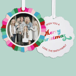 Retro Feestelijke Bright Stripes Kerstfoto Ornament Kaart