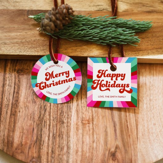 Retro Feestelijke Regenboog Roze Kerstmis Vakantie Bedankjes Labels