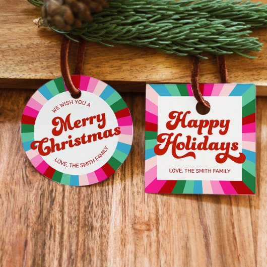 Retro Feestelijke Regenboog Roze Kerstmis Vakantie Bedankjes Labels
