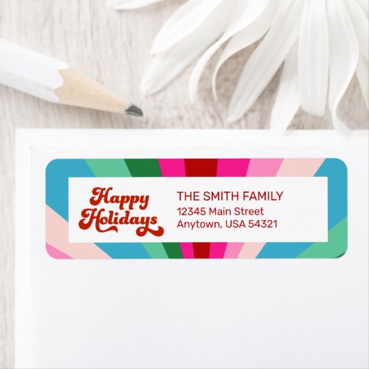 Retro Feestelijke Regenboog Roze Kerstvakantie Etiket (Insitu)