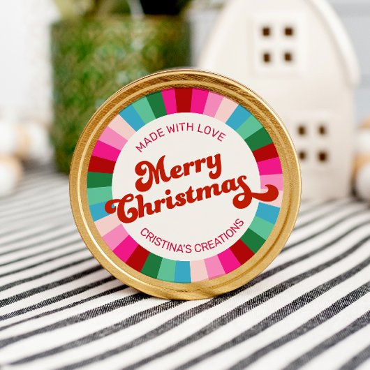 Retro Feestelijke Roze Kerstmis Gemaakt met Liefde Ronde Sticker