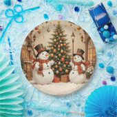 Retro Feestelijke Sneeuwmannen en Kerstboom Papieren Bordje (Feest)