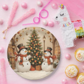 Retro Feestelijke Sneeuwmannen en Kerstboom Papieren Bordje (Feest)