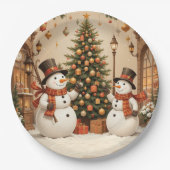 Retro Feestelijke Sneeuwmannen en Kerstboom Papieren Bordje (Voorkant)