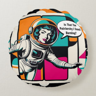 Retro Feminist Patriarchaat Vrouw Astronaut Pop Ar Rond Kussen