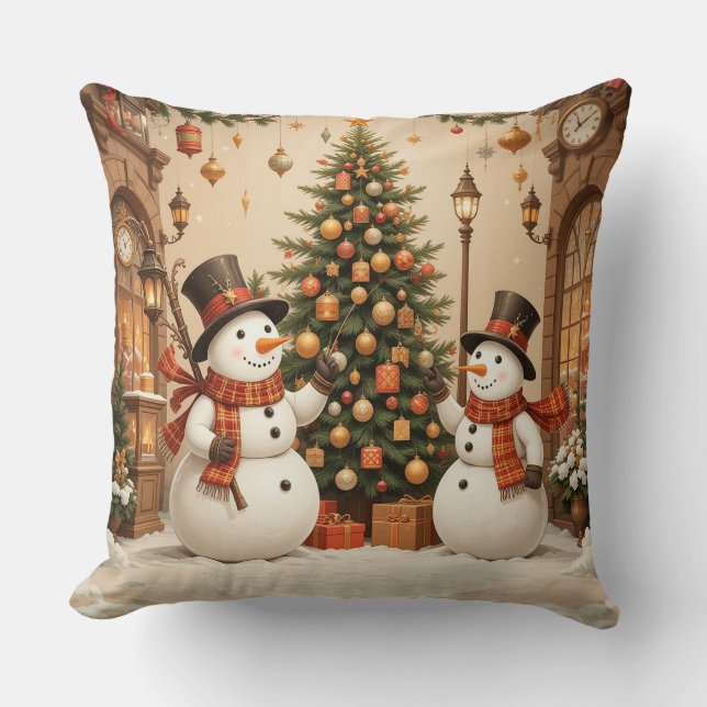 Retro Festieve Sneeuwmannen en Kerstboom Kussen (Voorkant)