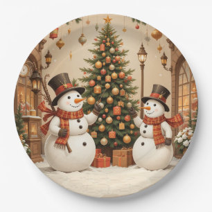 Retro Festieve Sneeuwmannen en Kerstboom Papieren Bordje